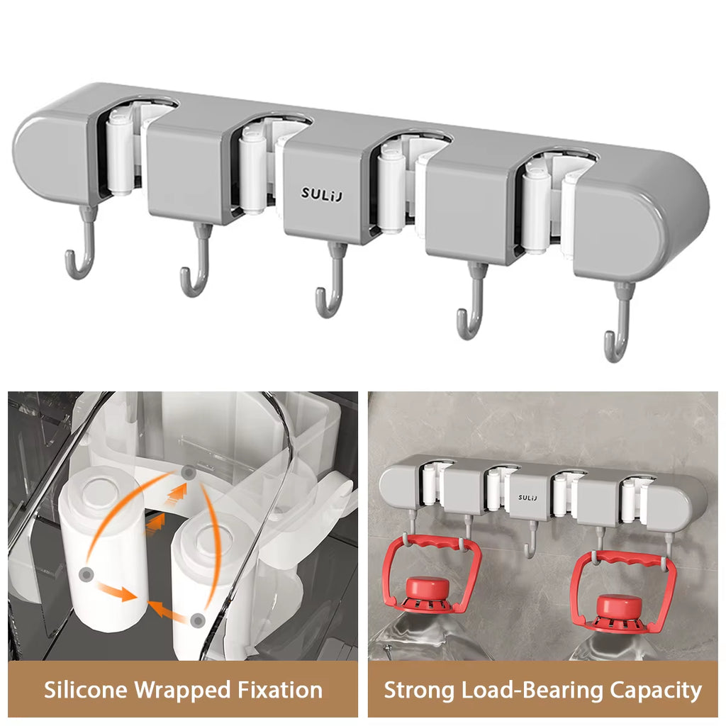 Broom Mop Holder with Hooks Wall Mounted Broom Storage Rack No Drilling Self-Adhesive Mop Broom Organizer for Bathroom