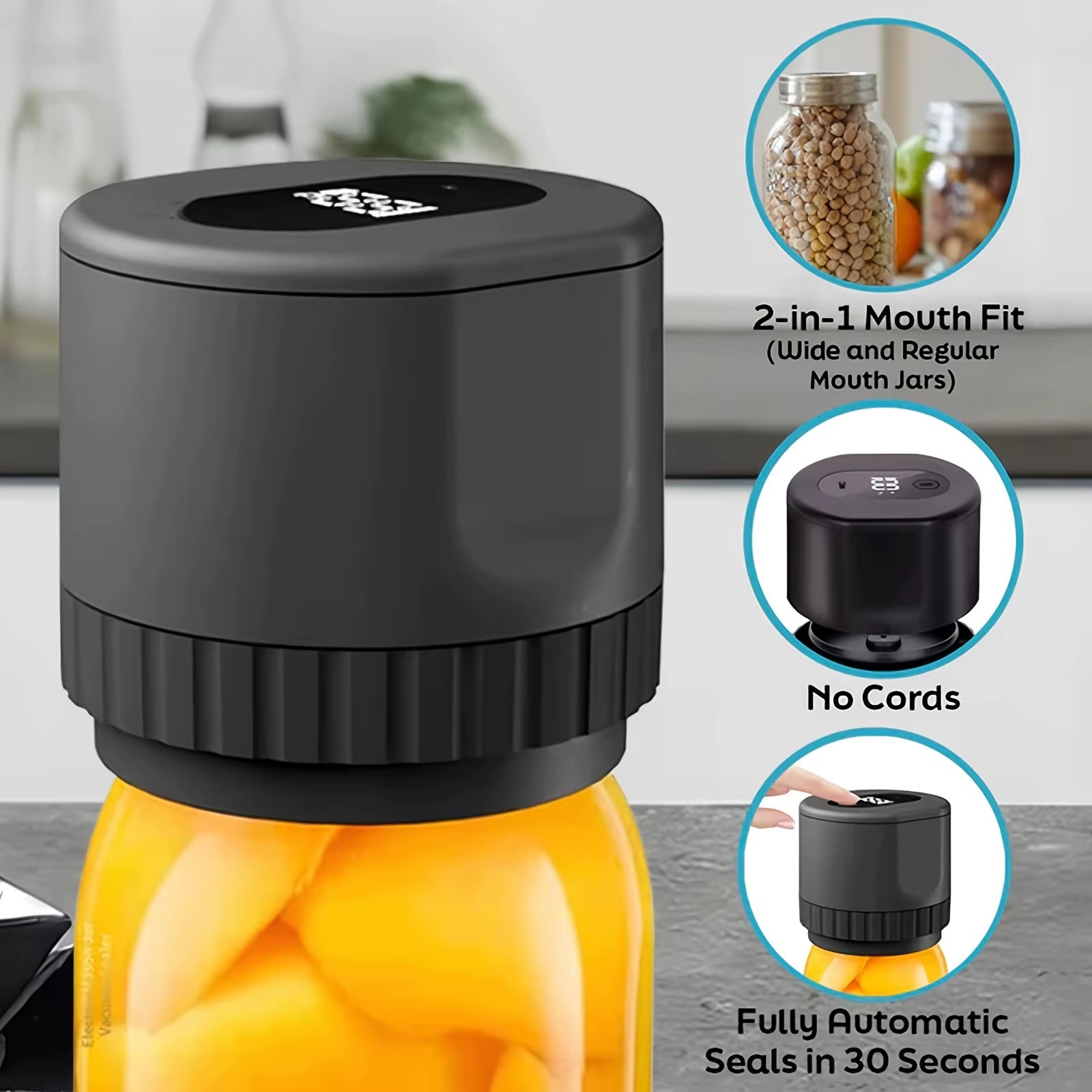 5W Lithium Battery Powered Semi-Automatic Mason Can Sealer - LED Digital Vacuum Sealer, Used for Kitchen Bottles and Cans, Prese