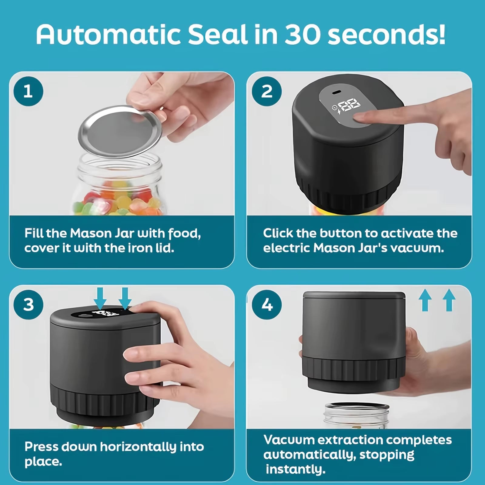 5W Lithium Battery Powered Semi-Automatic Mason Can Sealer - LED Digital Vacuum Sealer, Used for Kitchen Bottles and Cans, Prese